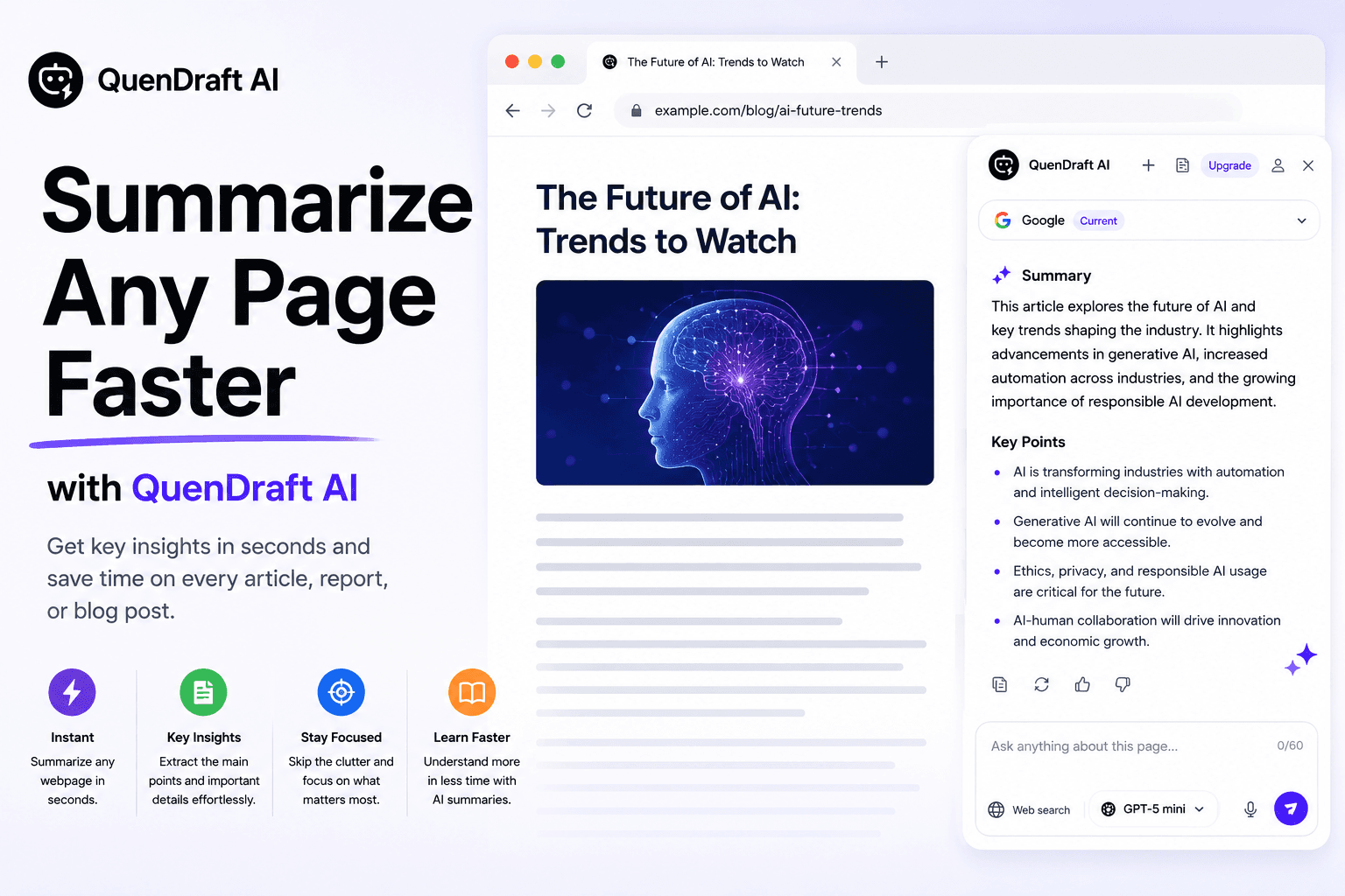 Summarize Any Page Faster with QuenDraft AI